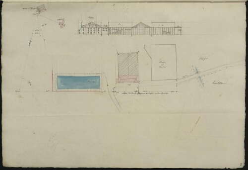 Toul. Cahier G : Campagne. [Folio] 12 [recto] Plan et développement d'un bâtiment, avec bassin et potager
