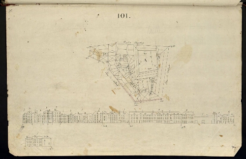 Metz. Cahier I : ville. Folio 8, recto.
Plan et développement de l'îlot n°101 compris entre la rue des Augustins, la place St Thiébault et la rue du Neufbourg.