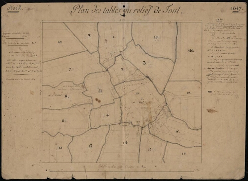 Toul. [verso] Avril 1847. Plan des tables du relief de Toul.