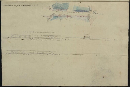 Toul. Cahier G : Campagne. [Folio] 10 [recto] Plan et développement du pont de Dommartin à Toul.