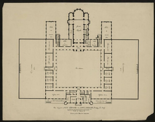 Metz. Plan horizontal du petit séminaire Saint Louis de Gonzague (Montigny-les-Metz), recto.
Première partie, rez-de-chaussée.