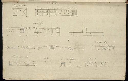 Metz. Cahier H : ville. Folio 10, recto.
Plan et développement de l'îlot 51 : porte du Pont Iffroy, pont des Grilles, porte Chambière.