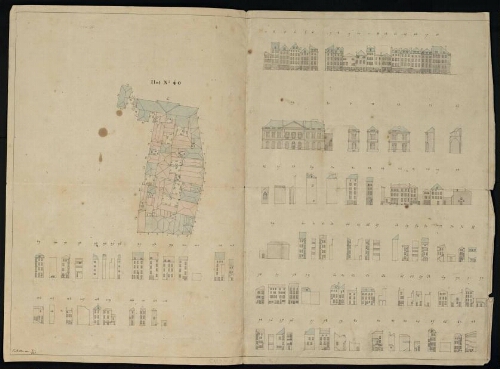Metz. Cahier J : ville, fortifications. Folio 8, verso. 
Plan et développement de l'îlot n°40.