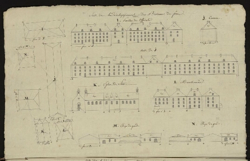 Bitche. Cahier : maisons et édifices. Folio 1, verso.
Relevés des bâtiments I, J, K, L, M, N.