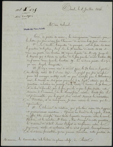 Toul. Lettre du chef du bataillon du Génie, Delannay, adressée à Monsieur le Conservateur de la galerie des plans-reliefs [Augoyat]. Toul, le 8 juillet 1848.