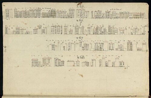 Metz. Cahier E : ville. Folio 1, recto.
Développement des îlots n°67 et n°68.