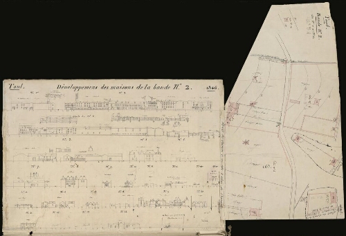 Toul. Cahier F : Campagne. [Folio]1[verso]. Plans et développement des maisons de la bande n°2, du n°11 au n°24.