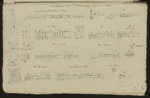 Bitche. Cahier : maisons et édifices. Folio 1, recto.
Relevés des bâtiments A, B, C, D, E, E', F, G, H, P, Q.